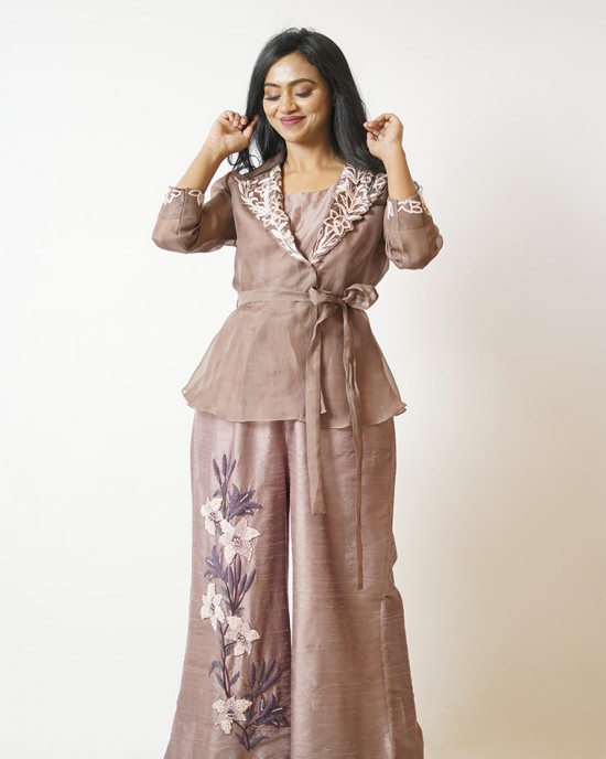 Chestnut Brown Jumpsuit paired with organza jacket (SDH1005)