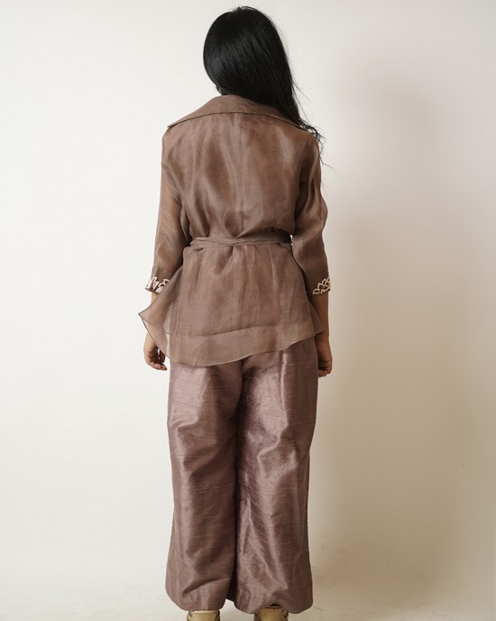 Chestnut Brown Jumpsuit paired with organza jacket (SDH1005)