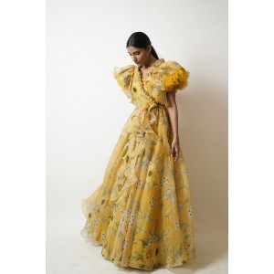 Yellow Heavy flaired gown with voluminous umbrella sleeves and belt  (SDH1006)