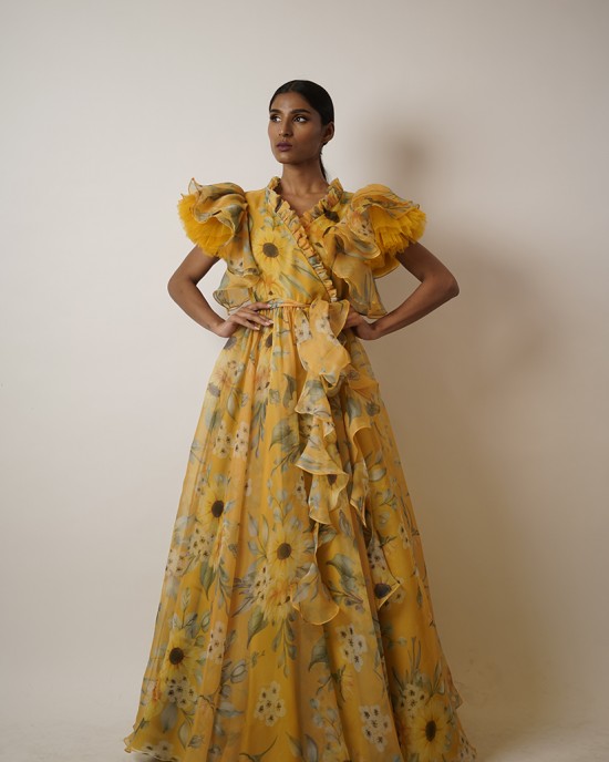 Yellow Heavy flaired gown with voluminous umbrella sleeves and belt  (SDH1006)