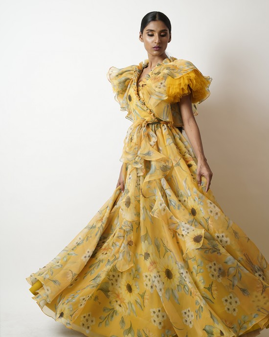 Yellow Heavy flaired gown with voluminous umbrella sleeves and belt  (SDH1006)