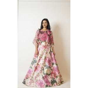 Pink Embellished crop top with bell sleeves paired with flaired skirt (SDH1007)