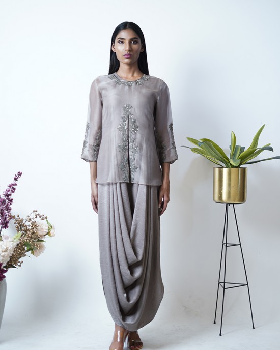 Elephant Brown Maxi with a cowl paired with sheer overlay top (SDH1008) Elephant Brown Maxi with a cowl paired with sheer overlay top (SDH1008)