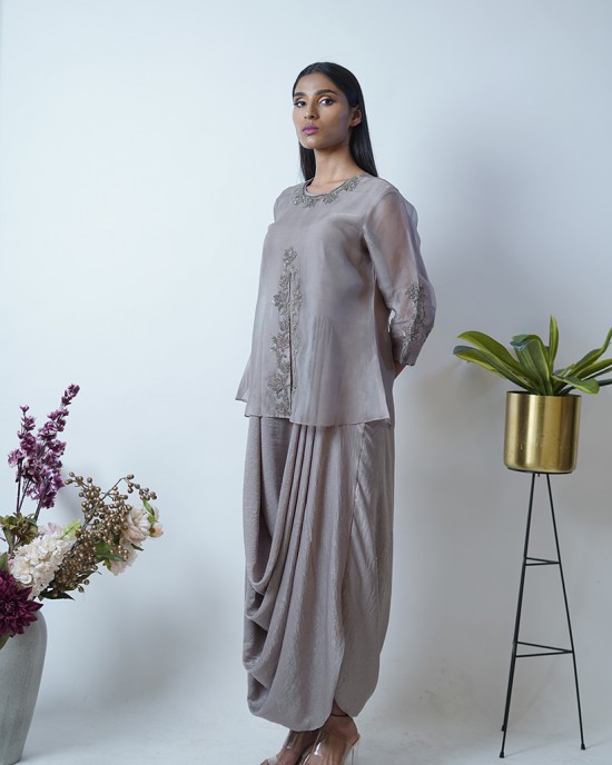 Elephant Brown Maxi with a cowl paired with sheer overlay top (SDH1008) Elephant Brown Maxi with a cowl paired with sheer overlay top (SDH1008)