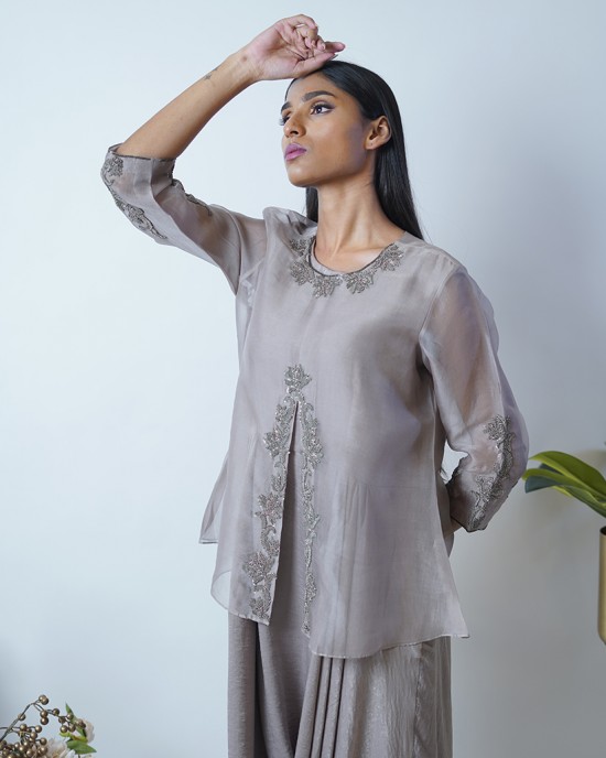 Elephant Brown Maxi with a cowl paired with sheer overlay top (SDH1008) Elephant Brown Maxi with a cowl paired with sheer overlay top (SDH1008)