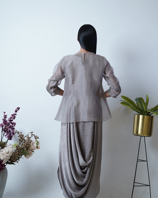 Elephant Brown Maxi with a cowl paired with sheer overlay top (SDH1008) Elephant Brown Maxi with a cowl paired with sheer overlay top (SDH1008)