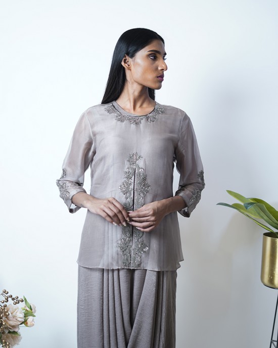 Elephant Brown Maxi with a cowl paired with sheer overlay top (SDH1008) Elephant Brown Maxi with a cowl paired with sheer overlay top (SDH1008)