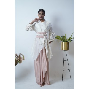 Layered pleated skirt with crop top, belt and an overlay jacket (SDH1009)