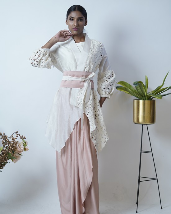 Layered pleated skirt with crop top, belt and an overlay jacket (SDH1009)