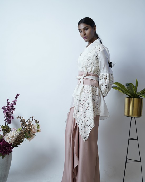 Layered pleated skirt with crop top, belt and an overlay jacket (SDH1009)