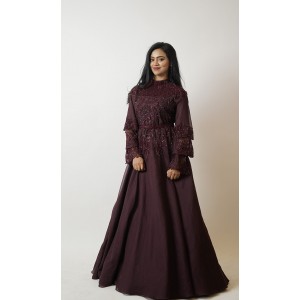 Wine Gown with layered Balloon sleeves and belt (SDH1010)