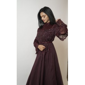 Wine Gown with layered Balloon sleeves and belt (SDH1010)