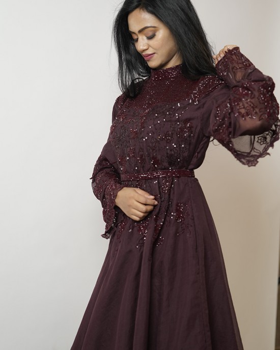 Wine Gown with layered Balloon sleeves and belt (SDH1010)