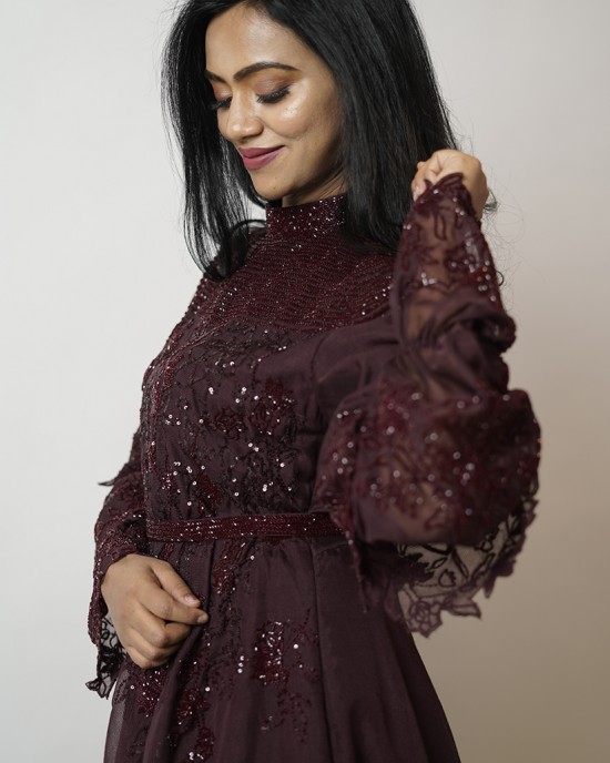 Wine Gown with layered Balloon sleeves and belt (SDH1010)