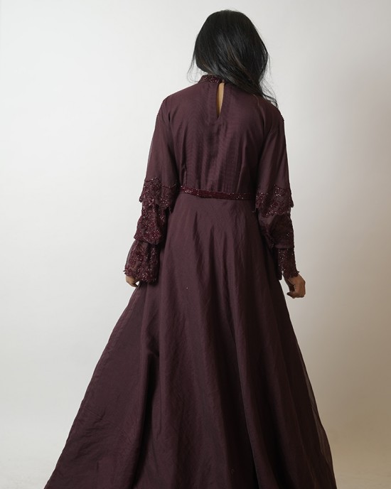 Wine Gown with layered Balloon sleeves and belt (SDH1010)