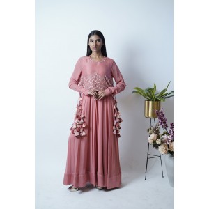 Rose Pink Anarkali with churidar sleeves, paired with a short jacket and heavy tassels on either side (SDH1012)