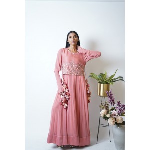 Rose Pink Anarkali with churidar sleeves, paired with a short jacket and heavy tassels on either side (SDH1012)