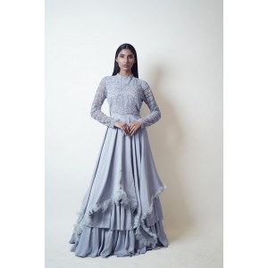 Ice Blue Multilayered Gown with feathers at the edge (SDH1013)