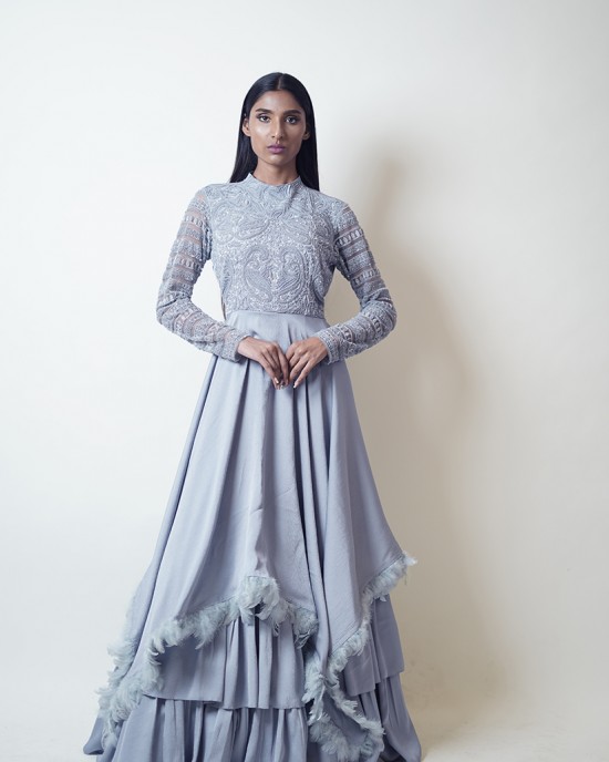 Ice Blue Multilayered Gown with feathers at the edge (SDH1013) Ice Blue Multilayered Gown with feathers at the edge (SDH1013)