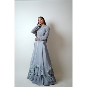Ice Blue Multilayered Gown with feathers at the edge (SDH1013)