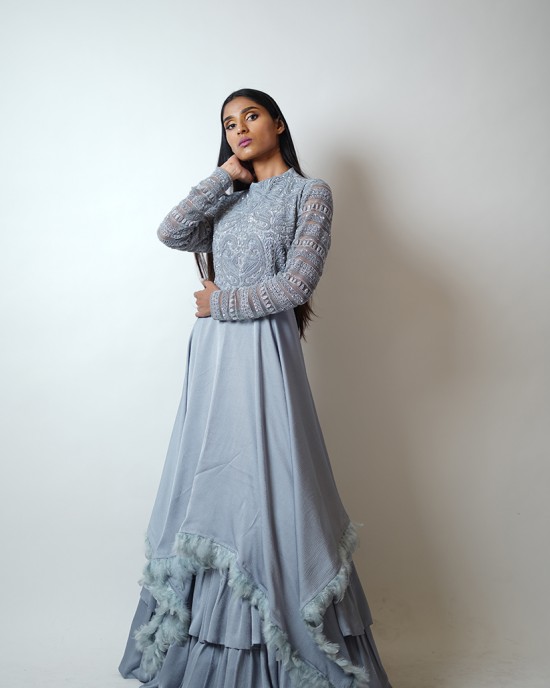 Ice Blue Multilayered Gown with feathers at the edge (SDH1013) Ice Blue Multilayered Gown with feathers at the edge (SDH1013)