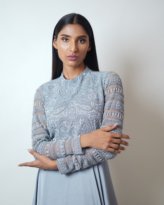 Ice Blue Multilayered Gown with feathers at the edge (SDH1013) Ice Blue Multilayered Gown with feathers at the edge (SDH1013)