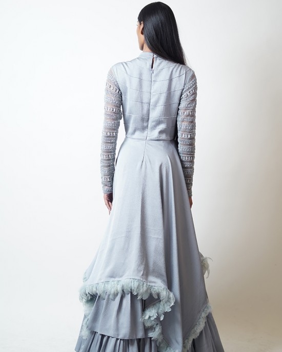 Ice Blue Multilayered Gown with feathers at the edge (SDH1013) Ice Blue Multilayered Gown with feathers at the edge (SDH1013)