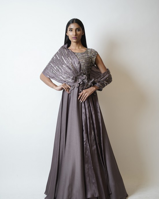 Purple Mauve Gown with conical drape on the right side running through the length of the gown (SDH1015)