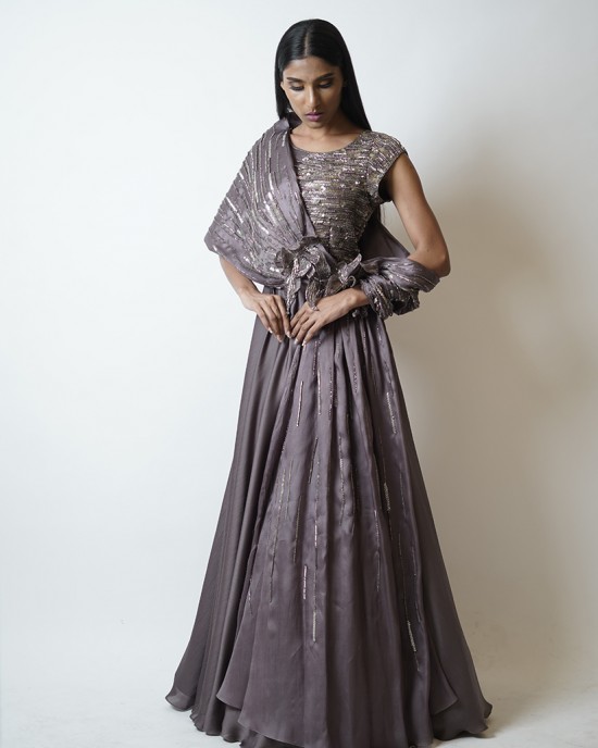 Purple Mauve Gown with conical drape on the right side running through the length of the gown (SDH1015)