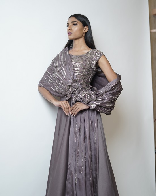 Purple Mauve Gown with conical drape on the right side running through the length of the gown (SDH1015)