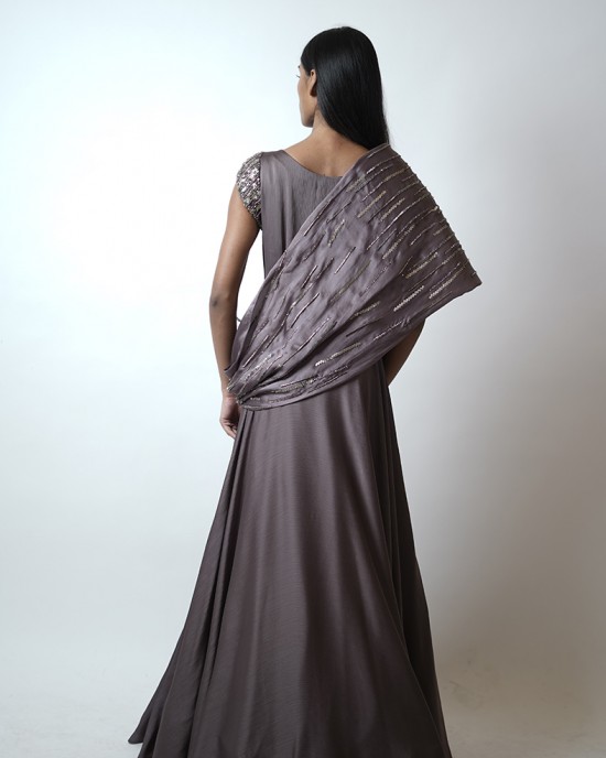 Purple Mauve Gown with conical drape on the right side running through the length of the gown (SDH1015)