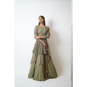 Olive Green Multilayered, Gown paired with a handkerchief cut jacket (SDH1016)