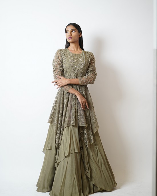 Olive Green Multilayered, Gown paired with a handkerchief cut jacket (SDH1016)