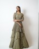 Olive Green Multilayered, Gown paired with a handkerchief cut jacket (SDH1016)
