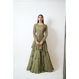 Olive Green Multilayered, Gown paired with a handkerchief cut jacket (SDH1016)