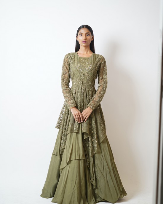 Olive Green Multilayered, Gown paired with a handkerchief cut jacket (SDH1016)