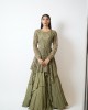 Olive Green Multilayered, Gown paired with a handkerchief cut jacket (SDH1016)