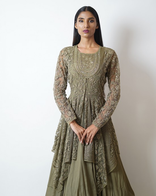 Olive Green Multilayered, Gown paired with a handkerchief cut jacket (SDH1016)