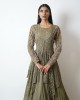 Olive Green Multilayered, Gown paired with a handkerchief cut jacket (SDH1016)
