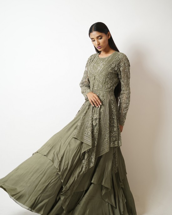 Olive Green Multilayered, Gown paired with a handkerchief cut jacket (SDH1016)