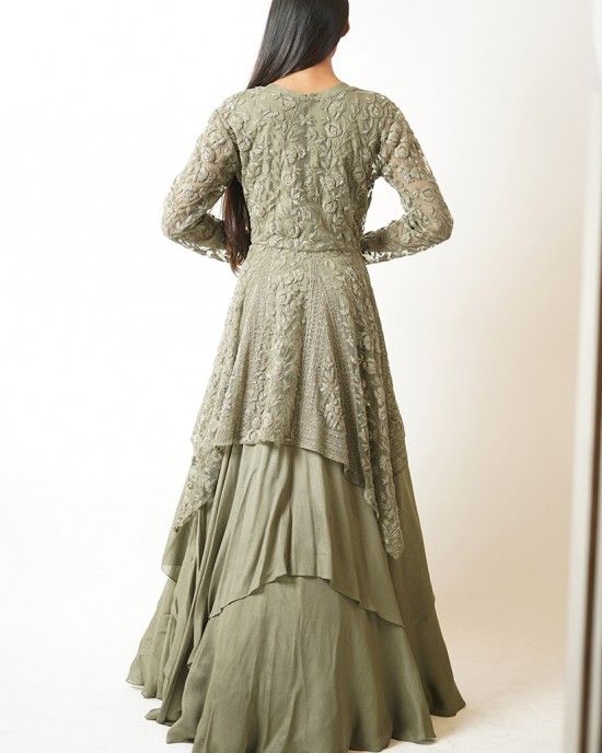 Olive Green Multilayered, Gown paired with a handkerchief cut jacket (SDH1016)