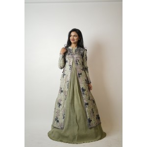 Light Green Gown paired with a long jacket with heavy tassels on either side (SDH1017)