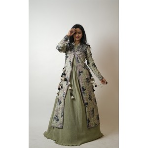 Light Green Gown paired with a long jacket with heavy tassels on either side (SDH1017)