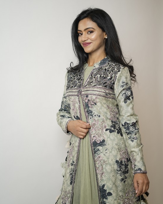 Light Green Gown paired with a long jacket with heavy tassels on either side (SDH1017)