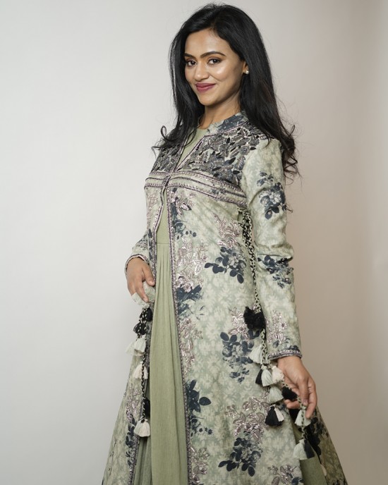 Light Green Gown paired with a long jacket with heavy tassels on either side (SDH1017)