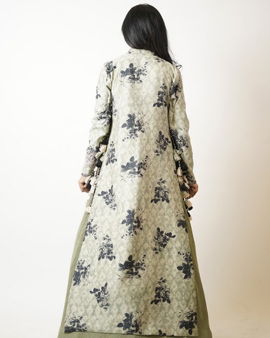 Light Green Gown paired with a long jacket with heavy tassels on either side (SDH1017)