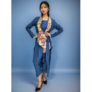 Teal Blue Crop Top and Pants with Blazer(PP1007)