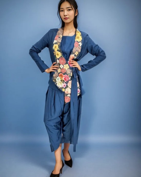 Teal Blue Crop Top and Pants with Blazer(PP1007)