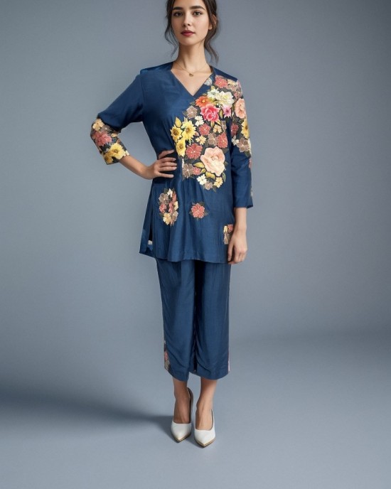 Teal Blue Short Kurta with Pants(PP1008)