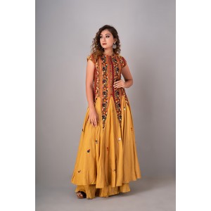 Mustard Anarkali paired with flared palazzo (REM1010)